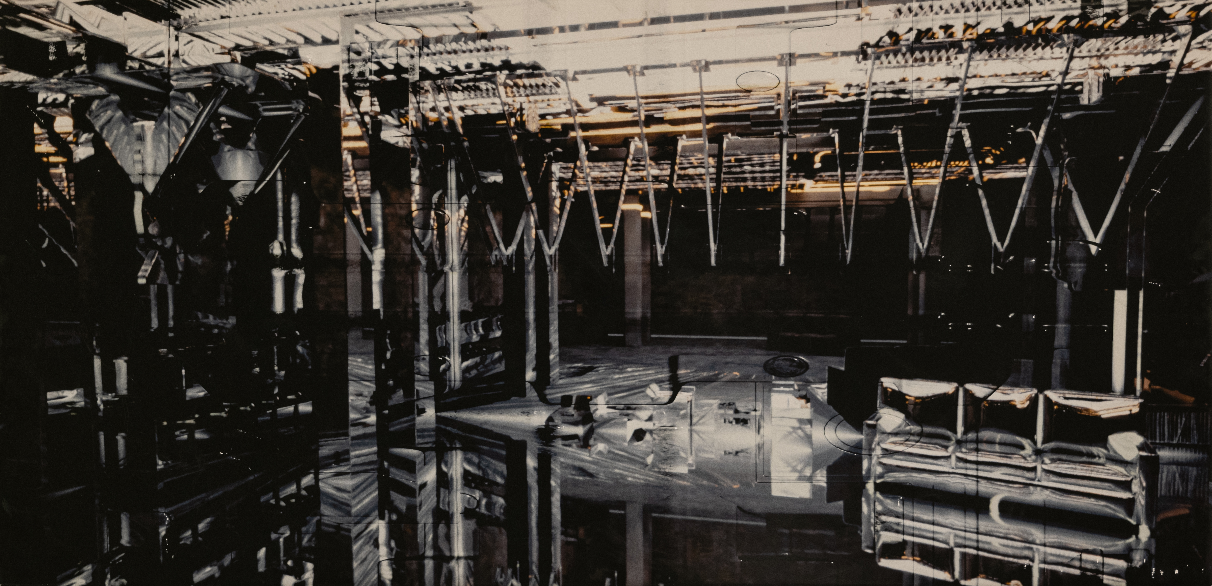 Mirrored / distorted industrial interior — long horizontal frame